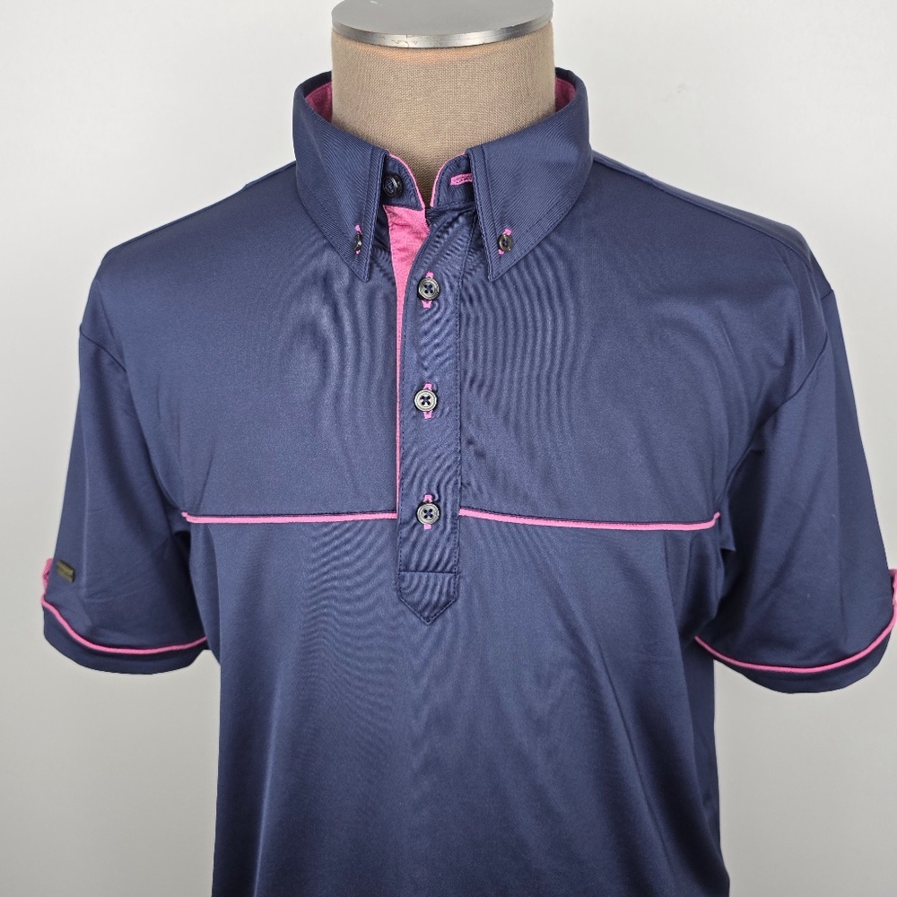 G-MAC by Kartel Men's Large Golf Polo Navy Pink Contrast Piping Performance L